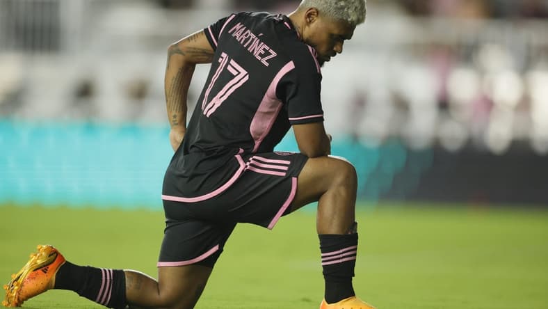 May 6, 2023; Fort Lauderdale, Florida, USA; Inter Miami CF forward Josef Martinez (17) celebrates after scoring a goal with a penalty-kick during the second half at DRV PNK Stadium. Mandatory Credit: Sam Navarro-USA TODAY Sports