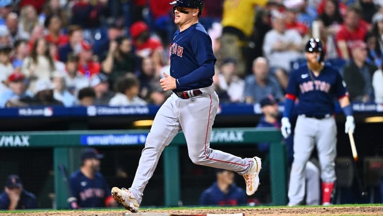 May 6, 2023; Philadelphia, Pennsylvania, USA; Boston Red Sox catcher Reese McGuire (3) crosses the plate to score against the Philadelphia Phillies in the sixth inning at Citizens Bank Park. Mandatory Credit: Kyle Ross-USA TODAY Sports