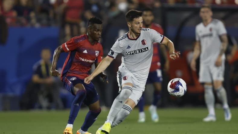May 6, 2023; Frisco, Texas, USA; St. Louis City forward Tomas Ostrak (7) controls the ball against FC Dallas forward Jader Obrian (8) during the first half at Toyota Stadium. Mandatory Credit: Tim Heitman-USA TODAY Sports