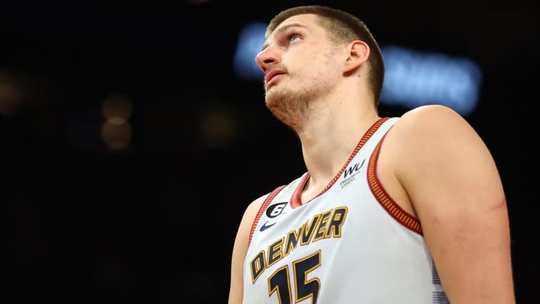 May 5, 2023; Phoenix, Arizona, USA; Denver Nuggets center Nikola Jokic (15) against the Phoenix Suns during game three of the 2023 NBA playoffs at Footprint Center. Mandatory Credit: Mark J. Rebilas-USA TODAY Sports