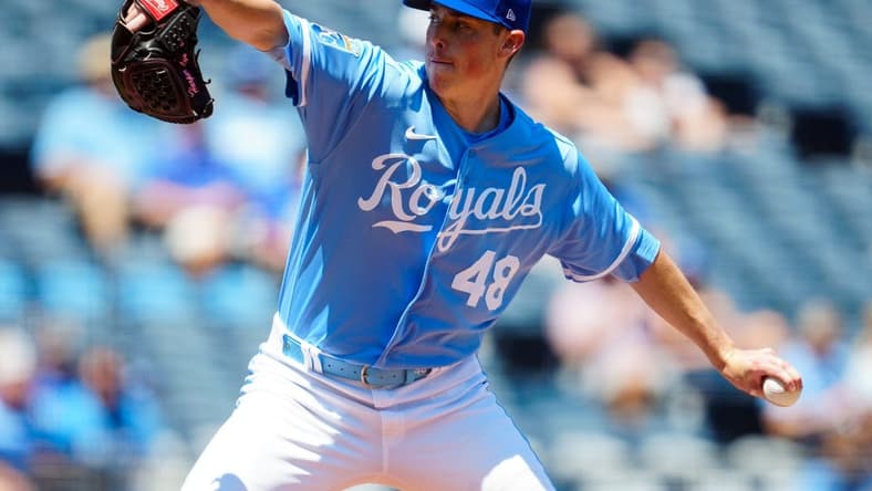 May 7, 2023; Kansas City, Missouri, USA; Kansas City Royals relief pitcher Ryan Yarbrough (48) pitches during the first inning against the Oakland Athletics at Kauffman Stadium. Mandatory Credit: Jay Biggerstaff-USA TODAY Sports