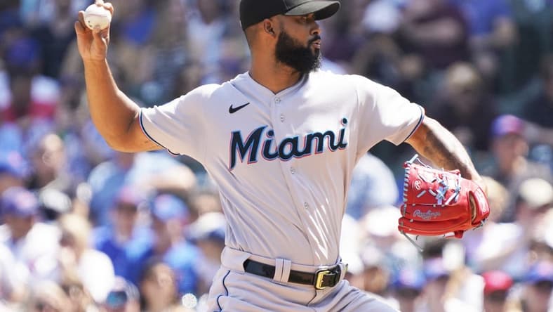 May 7, 2023; Chicago, Illinois, USA; Miami Marlins starting pitcher Sandy Alcantara (22) throws the ball against the Chicago Cubs during the first inning at Wrigley Field. Mandatory Credit: David Banks-USA TODAY Sports