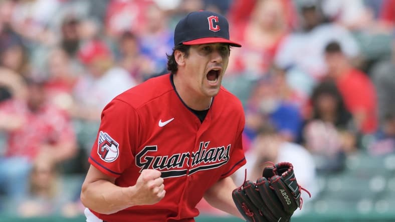 May 7, 2023; Cleveland, Ohio, USA; Cleveland Guardians starting pitcher Cal Quantrill (47) reacts in the seventh inning against the Minnesota Twins at Progressive Field. Mandatory Credit: Ken Blaze-USA TODAY Sports