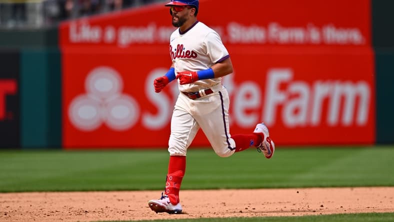 May 7, 2023; Philadelphia, Pennsylvania, USA; Philadelphia Phillies outfielder Kyle Schwarber (12) rounds the bases after hitting a two-run home run against the Boston Red Sox in the sixth inning at Citizens Bank Park. Mandatory Credit: Kyle Ross-USA TODAY Sports