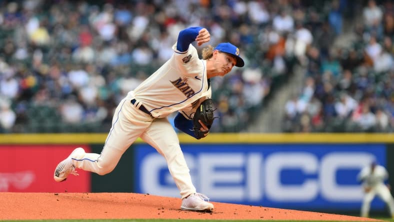 May 7, 2023; Seattle, Washington, USA; Seattle Mariners starting pitcher Bryce Miller (50) throws a pitch against the Houston Astros during the first inning at T-Mobile Park. Mandatory Credit: Steven Bisig-USA TODAY Sports