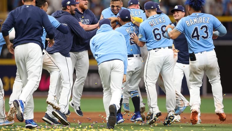 May 7, 2023; St. Petersburg, Florida, USA; Tampa Bay Rays third baseman Isaac Paredes (17) celebrates after a walk off hit against the New York Yankees in the tenth inning at Tropicana Field. Mandatory Credit: Nathan Ray Seebeck-USA TODAY Sports