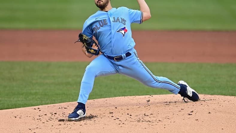 May 7, 2023; Pittsburgh, Pennsylvania, USA; Toronto Blue Jays starting pitcher Yusei Kikuchi (16) throws a pitch during the first inning against the Pittsburgh Pirates at PNC Park. Mandatory Credit: David Dermer-USA TODAY Sports