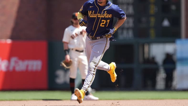 May 7, 2023; San Francisco, California, USA; Milwaukee Brewers shortstop Willy Adames (27) rounds the bases after hitting a home run against the San Francisco Giants during the fifth inning at Oracle Park. Mandatory Credit: Darren Yamashita-USA TODAY Sports
