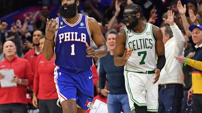 May 7, 2023; Philadelphia, Pennsylvania, USA; Philadelphia 76ers guard James Harden (1) reacts after making game-winning three point basket against the Boston Celtics during overtime of game four of the 2023 NBA playoffs at Wells Fargo Center. Mandatory Credit: Eric Hartline-USA TODAY Sports