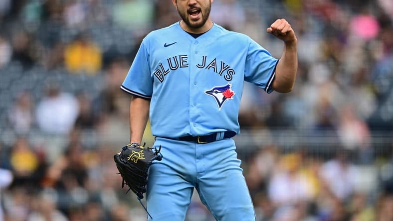 May 7, 2023; Pittsburgh, Pennsylvania, USA; Toronto Blue Jays starting pitcher Yusei Kikuchi (16) reacts after a ground out by Pittsburgh Pirates shortstop Rodolfo Castro (14) during the sixth inning at PNC Park. Mandatory Credit: David Dermer-USA TODAY Sports