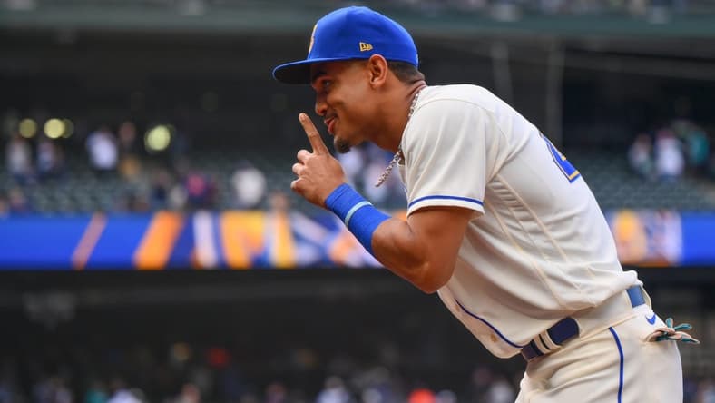 May 7, 2023; Seattle, Washington, USA; Seattle Mariners center fielder Julio Rodriguez (44) reacts to defeating the Houston Astros at T-Mobile Park. Mandatory Credit: Steven Bisig-USA TODAY Sports