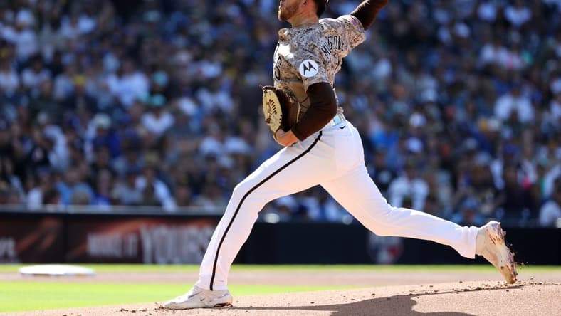May 7, 2023; San Diego, California, USA;  San Diego Padres starting pitcher Joe Musgrove (44) throws a pitch during the first inning against the Los Angeles Dodgers at Petco Park. Mandatory Credit: Kiyoshi Mio-USA TODAY Sports
