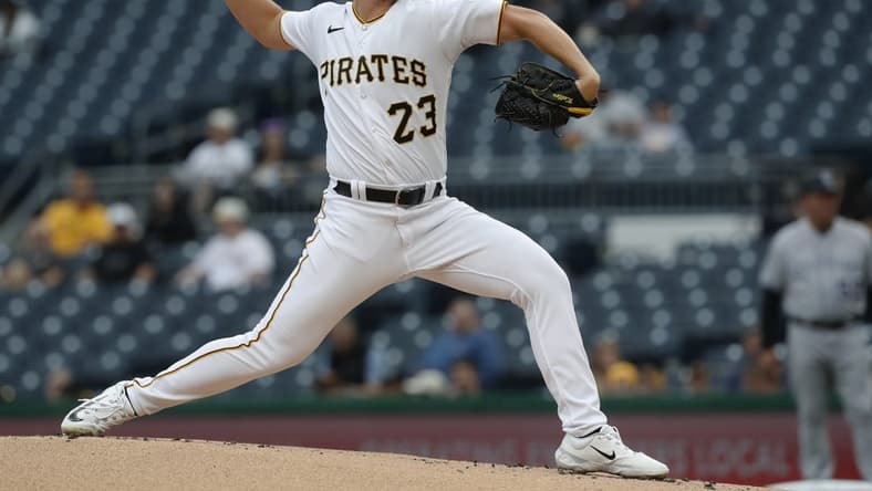 May 8, 2023; Pittsburgh, Pennsylvania, USA; Pittsburgh Pirates starting pitcher Mitch Keller (23) delivers a pitch against the Colorado Rockies during the first inning at PNC Park. Mandatory Credit: Charles LeClaire-USA TODAY Sports