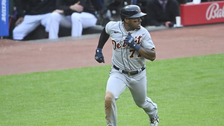 May 8, 2023; Cleveland, Ohio, USA; Detroit Tigers second baseman Andy Ibanez (77) runs the bases while scoring in the fourth inning against the Cleveland Guardians at Progressive Field. Mandatory Credit: David Richard-USA TODAY Sports