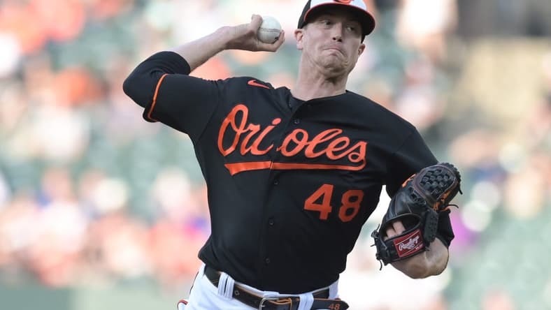 May 8, 2023; Baltimore, Maryland, USA; Baltimore Orioles starting pitcher Kyle Gibson (48) throws a first inning pitch Tampa Bay Rays at Oriole Park at Camden Yards. Mandatory Credit: Tommy Gilligan-USA TODAY Sports