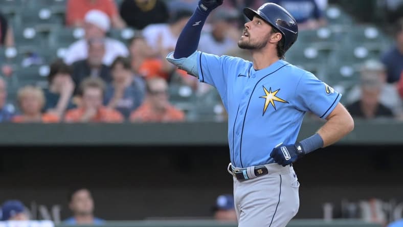 May 8, 2023; Baltimore, Maryland, USA; Tampa Bay Rays right fielder Josh Lowe (15) celebrates after hitting solo home run in the second inning against the Baltimore Orioles at Oriole Park at Camden Yards. Mandatory Credit: Tommy Gilligan-USA TODAY Sports
