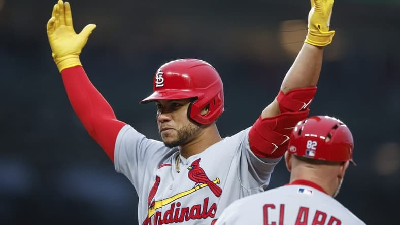 May 8, 2023; Chicago, Illinois, USA; St. Louis Cardinals catcher Willson Contreras (40) reacts after hitting a single against the Chicago Cubs during the second inning at Wrigley Field. Mandatory Credit: Kamil Krzaczynski-USA TODAY Sports