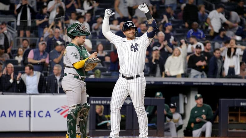 May 8, 2023; Bronx, New York, USA; New York Yankees second baseman Gleyber Torres (25) reacts after hitting a solo home run against the Oakland Athletics during the sixth inning at Yankee Stadium. Mandatory Credit: Brad Penner-USA TODAY Sports
