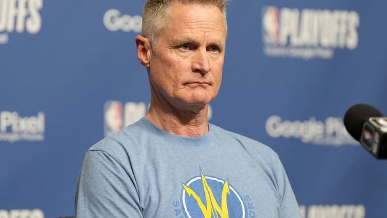 May 8, 2023; Los Angeles, California, USA; Golden State Warriors coach Steve Kerr at a press conference during game four of the 2023 NBA playoffs at Crypto.com Arena. Mandatory Credit: Kirby Lee-USA TODAY Sports