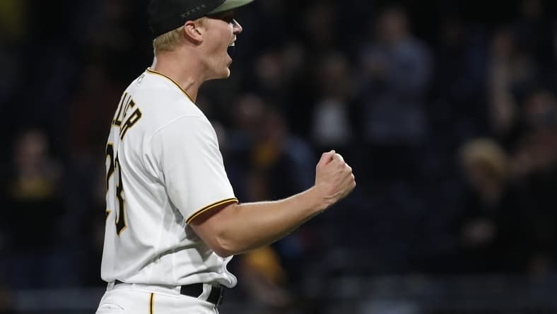 May 8, 2023; Pittsburgh, Pennsylvania, USA; Pittsburgh Pirates starting pitcher Mitch Keller (23) reacts after pitching a complete game four hit shutout against the Colorado Rockies at PNC Park. The Pirates shutout the Rockies 2-0. Mandatory Credit: Charles LeClaire-USA TODAY Sports