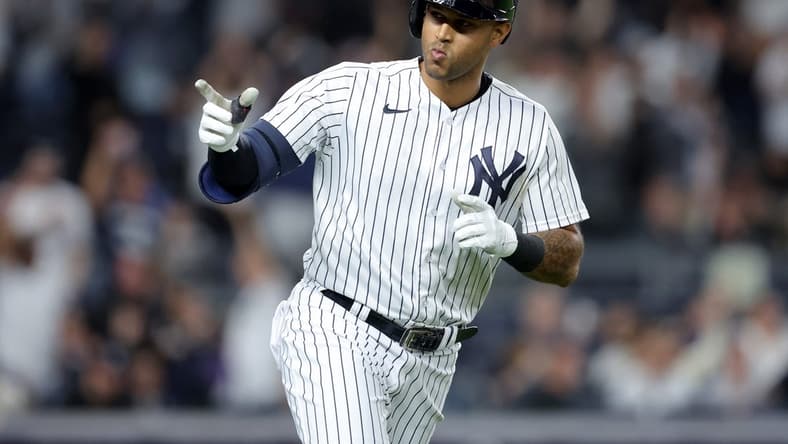 May 8, 2023; Bronx, New York, USA; New York Yankees left fielder Aaron Hicks (31) rounds the bases after hitting a two run home run against the Oakland Athletics during the seventh inning at Yankee Stadium. Mandatory Credit: Brad Penner-USA TODAY Sports
