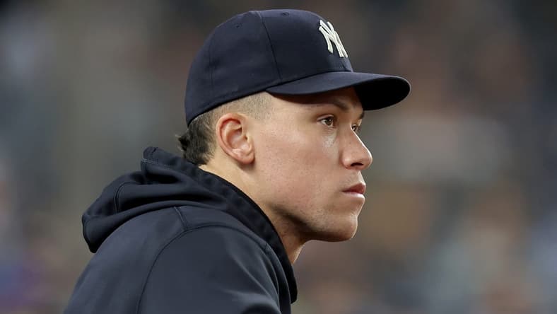 May 8, 2023; Bronx, New York, USA; New York Yankees injured outfielder Aaron Judge (99) watches from the dugout during the seventh inning against the Oakland Athletics at Yankee Stadium. Mandatory Credit: Brad Penner-USA TODAY Sports