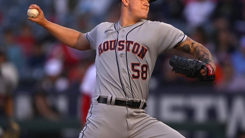 May 8, 2023; Anaheim, California, USA; Houston Astros starting pitcher Hunter Brown (58) throws to the plate in the first inning against the Los Angeles Angels at Angel Stadium. Mandatory Credit: Jayne Kamin-Oncea-USA TODAY Sports