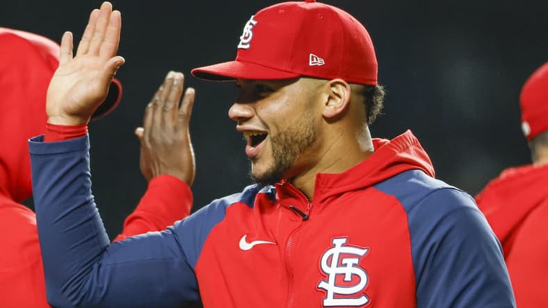 May 8, 2023; Chicago, Illinois, USA; St. Louis Cardinals catcher Willson Contreras (40) celebrates team's win against the Chicago Cubs at Wrigley Field. Mandatory Credit: Kamil Krzaczynski-USA TODAY Sports