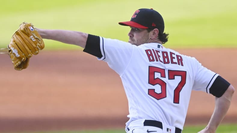 May 9, 2023; Cleveland, Ohio, USA; Cleveland Guardians starting pitcher Shane Bieber (57) delivers a pitch in the first inning against the Detroit Tigers at Progressive Field. Mandatory Credit: David Richard-USA TODAY Sports
