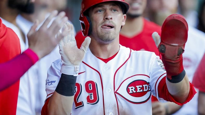 May 9, 2023; Cincinnati, Ohio, USA; Cincinnati Reds center fielder TJ Friedl (29) celebrates with teammates after scoring in the second inning against the New York Mets at Great American Ball Park. Mandatory Credit: Katie Stratman-USA TODAY Sports