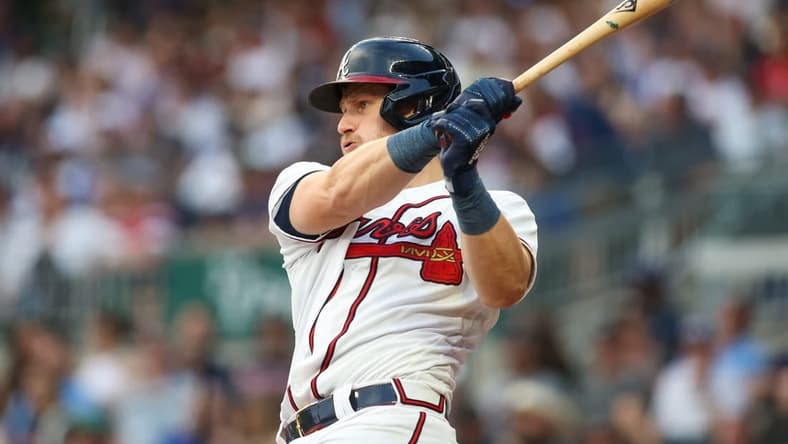 May 9, 2023; Atlanta, Georgia, USA; Atlanta Braves catcher Sean Murphy (12) hits a RBI single against the Boston Red Sox in the second inning at Truist Park. Mandatory Credit: Brett Davis-USA TODAY Sports