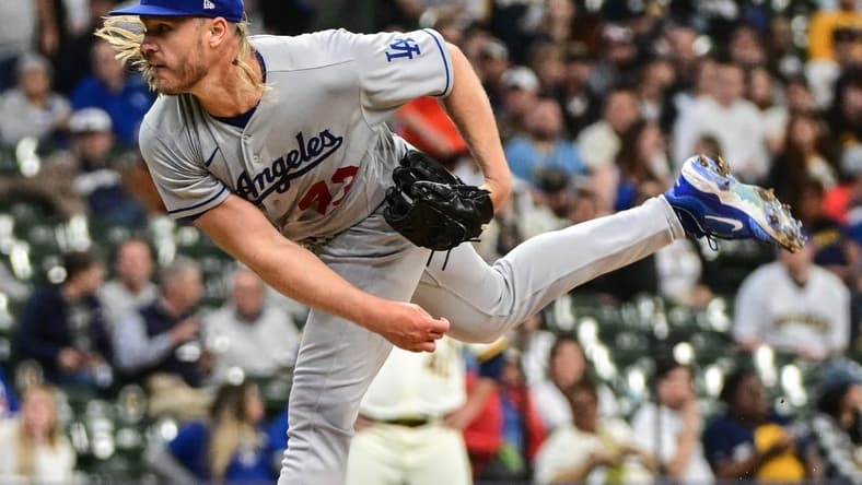 May 9, 2023; Milwaukee, Wisconsin, USA; Los Angeles Dodgers pitcher Noah Syndergaard (43) pitches in the first inning against the Milwaukee Brewers at American Family Field. Mandatory Credit: Benny Sieu-USA TODAY Sports