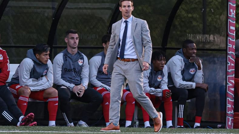 May 9, 2023; Montclair, NJ, USA; New York Red Bulls head coach Troy Lesesne looks on during the first half against D.C. United at MSU Soccer Park. Mandatory Credit: Vincent Carchietta-USA TODAY Sports