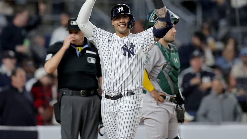 May 9, 2023; Bronx, New York, USA; New York Yankees second baseman Gleyber Torres (25) celebrates his two run home run against the Oakland Athletics during the fifth inning at Yankee Stadium. Mandatory Credit: Brad Penner-USA TODAY Sports