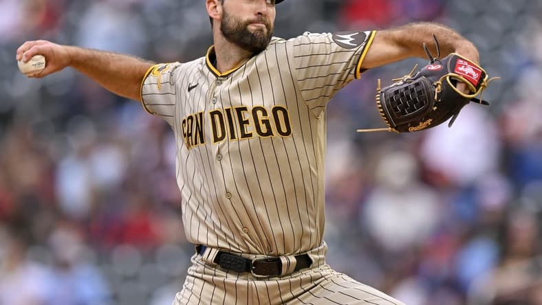 May 9, 2023; Minneapolis, Minnesota, USA; San Diego Padres pitcher Michael Wacha (52) delivers a pitch against the Minnesota Twins at Target Field. Mandatory Credit: Nick Wosika-USA TODAY Sports