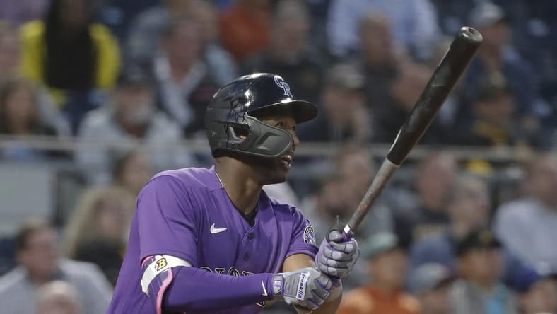 May 9, 2023; Pittsburgh, Pennsylvania, USA; Colorado Rockies left fielder Jurickson Profar (29) hits a two run home run against the Pittsburgh Pirates during the seventh inning at PNC Park. Mandatory Credit: Charles LeClaire-USA TODAY Sports