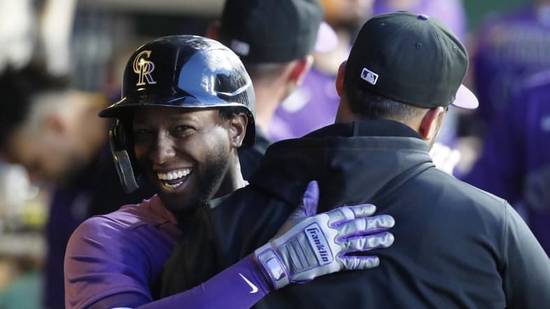 May 9, 2023; Pittsburgh, Pennsylvania, USA; Colorado Rockies left fielder Jurickson Profar (29) celebrates with teammates after hitting a two run home run against the Pittsburgh Pirates during the seventh inning at PNC Park. Mandatory Credit: Charles LeClaire-USA TODAY Sports