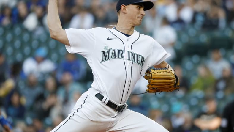 May 9, 2023; Seattle, Washington, USA; Seattle Mariners starting pitcher George Kirby (68) throws against the Texas Rangers during the third inning at T-Mobile Park. Mandatory Credit: Joe Nicholson-USA TODAY Sports