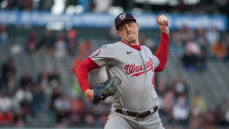 May 9, 2023; San Francisco, California, USA; Washington Nationals starting pitcher Patrick Corbin (46) throws a pitch during the first inning against the San Francisco Giants at Oracle Park. Mandatory Credit: Ed Szczepanski-USA TODAY Sports