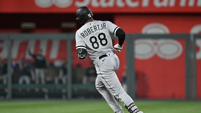 May 9, 2023; Kansas City, Missouri, USA; Chicago White Sox center fielder Luis Robert Jr. (88) rounds the bases after hitting a solo home run during the fourth inning against the Kansas City Royals at Kauffman Stadium. Mandatory Credit: Peter Aiken-USA TODAY Sports