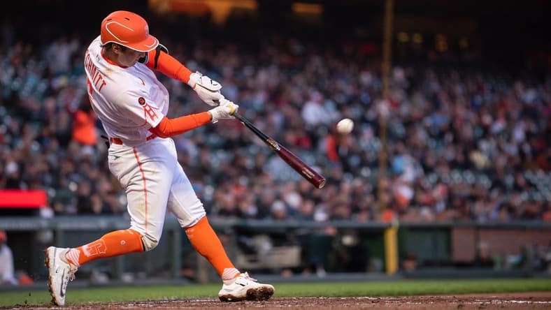May 9, 2023; San Francisco, California, USA; San Francisco Giants short stop Casey Schmitt (6) hits a home run during the fourth inning in his major league debut against the Washington Nationals at Oracle Park. Mandatory Credit: Ed Szczepanski-USA TODAY Sports