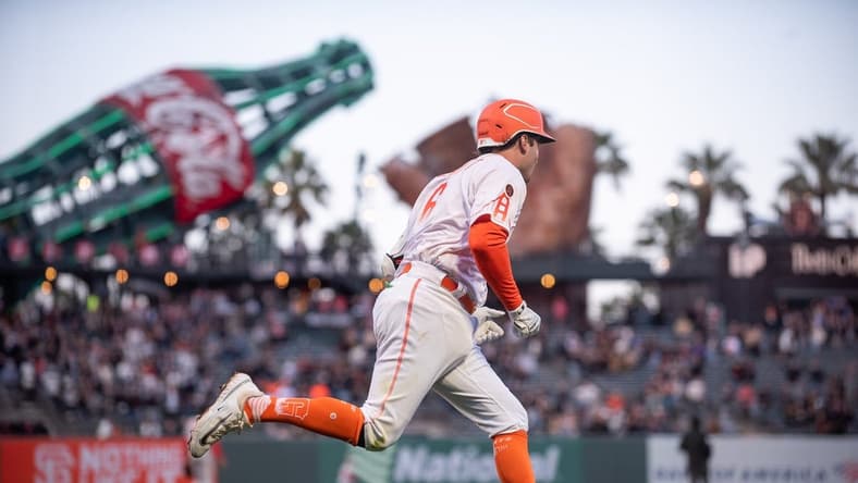 May 9, 2023; San Francisco, California, USA; San Francisco Giants short stop Casey Schmitt (6) rounds the bases after hitting a home run in his major league debut against the Washington Nationals at Oracle Park. Mandatory Credit: Ed Szczepanski-USA TODAY Sports