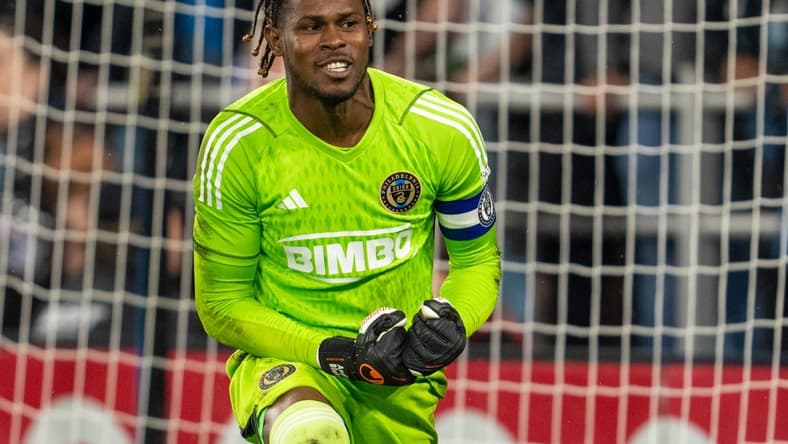 May 9, 2023; Saint Paul, MN, USA; Philadelphia Union goalkeeper Andre Blake (18) reacts after making a penalty kick save against Minnesota United at Allianz Field. Mandatory Credit: Matt Blewett-USA TODAY Sports