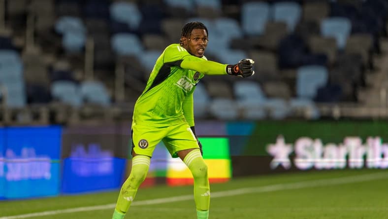 May 9, 2023; Saint Paul, MN, USA; Philadelphia Union goalkeeper Andre Blake (18) in action against Minnesota United in the second half at Allianz Field. Mandatory Credit: Matt Blewett-USA TODAY Sports