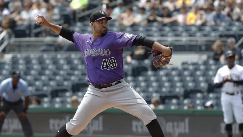 May 10, 2023; Pittsburgh, Pennsylvania, USA;  Colorado Rockies starting pitcher Antonio Senzatela (49) delivers a pitch against the Pittsburgh Pirates during the first inning at PNC Park. Mandatory Credit: Charles LeClaire-USA TODAY Sports