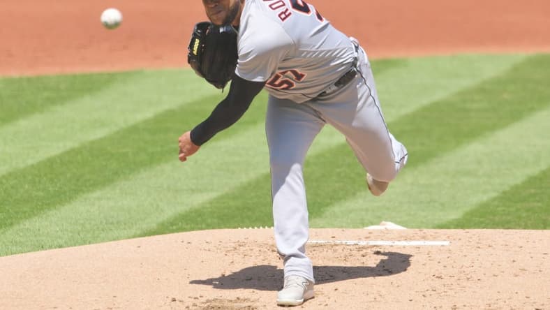 May 10, 2023; Cleveland, Ohio, USA; Detroit Tigers starting pitcher Eduardo Rodriguez (57) throws a pitch during the first inning against the Cleveland Guardians at Progressive Field. Mandatory Credit: Ken Blaze-USA TODAY Sports