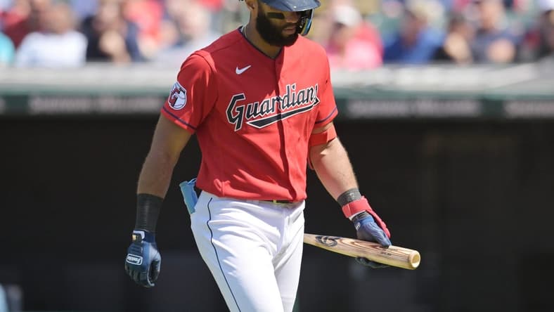 May 10, 2023; Cleveland, Ohio, USA; Cleveland Guardians shortstop Amed Rosario (1) walks off the field after striking out during the eighth inning against the Detroit Tigers at Progressive Field. Mandatory Credit: Ken Blaze-USA TODAY Sports