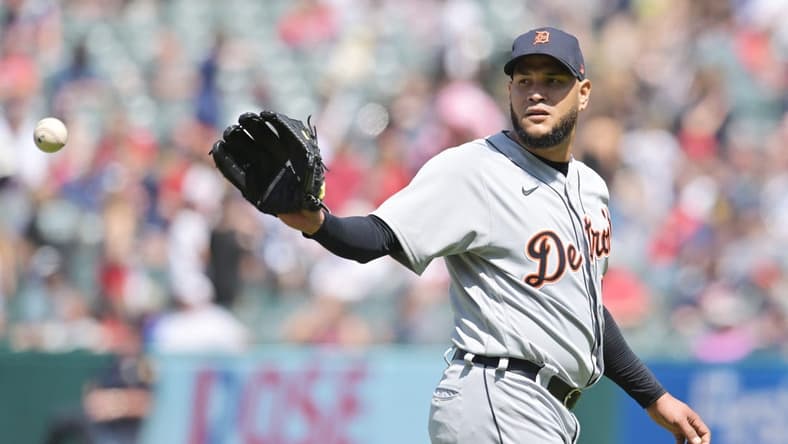 May 10, 2023; Cleveland, Ohio, USA; Detroit Tigers starting pitcher Eduardo Rodriguez (57) receives the ball after a strike out during the seventh inning against the Cleveland Guardians at Progressive Field. Mandatory Credit: Ken Blaze-USA TODAY Sports