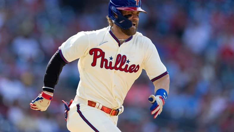 May 10, 2023; Philadelphia, Pennsylvania, USA; Philadelphia Phillies designated hitter Bryce Harper (3) runs the bases after hitting a single during the first inning against the Toronto Blue Jays at Citizens Bank Park. Mandatory Credit: Bill Streicher-USA TODAY Sports