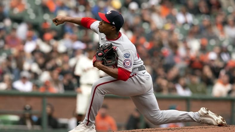 May 10, 2023; San Francisco, California, USA; Washington Nationals starting pitcher Josiah Gray (40) delivers a pitch against the San Francisco Giants during the second inning at Oracle Park. Mandatory Credit: D. Ross Cameron-USA TODAY Sports